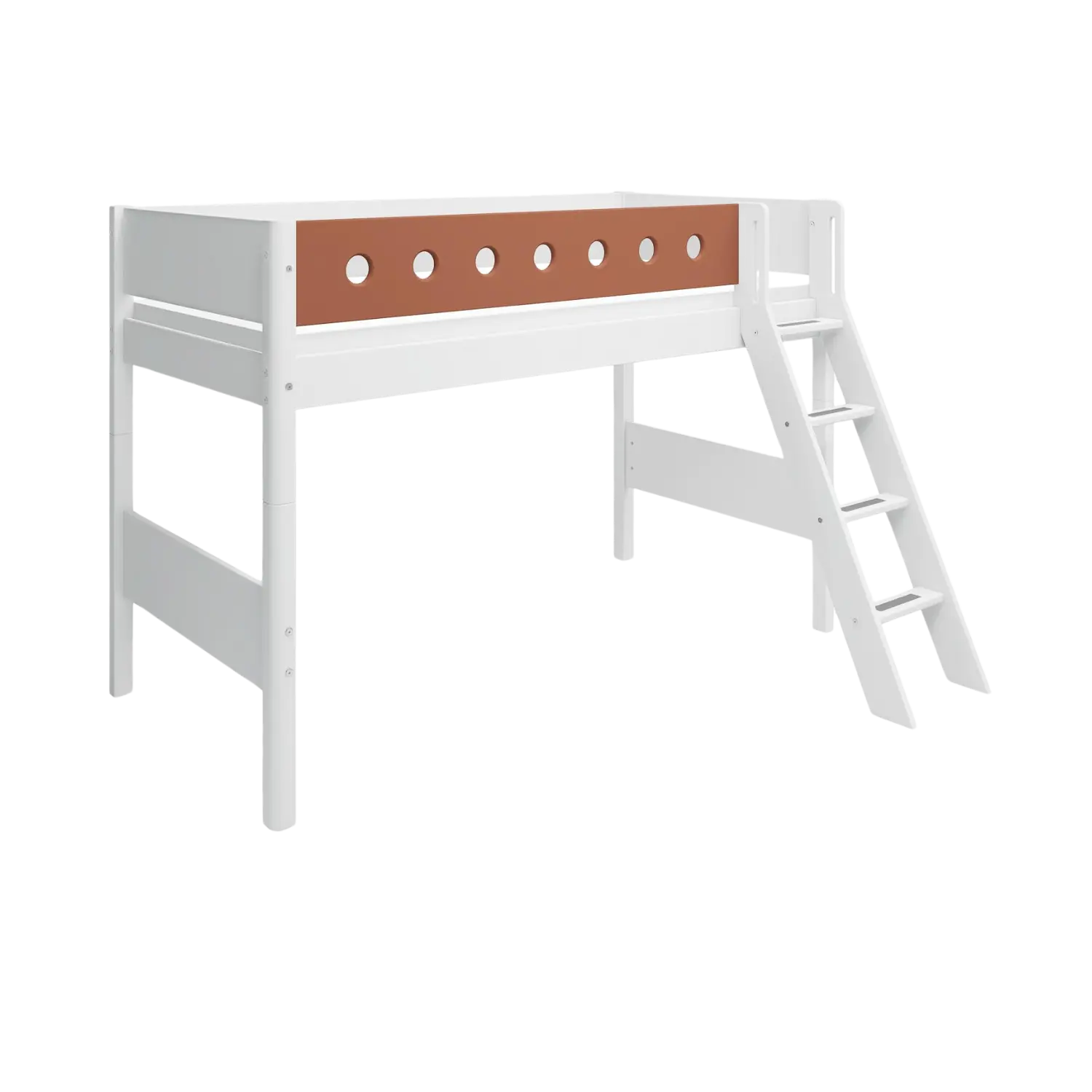 High Bed 143 cm with Ladder and Safety Rail, 90x200 cm, White – FLEXA