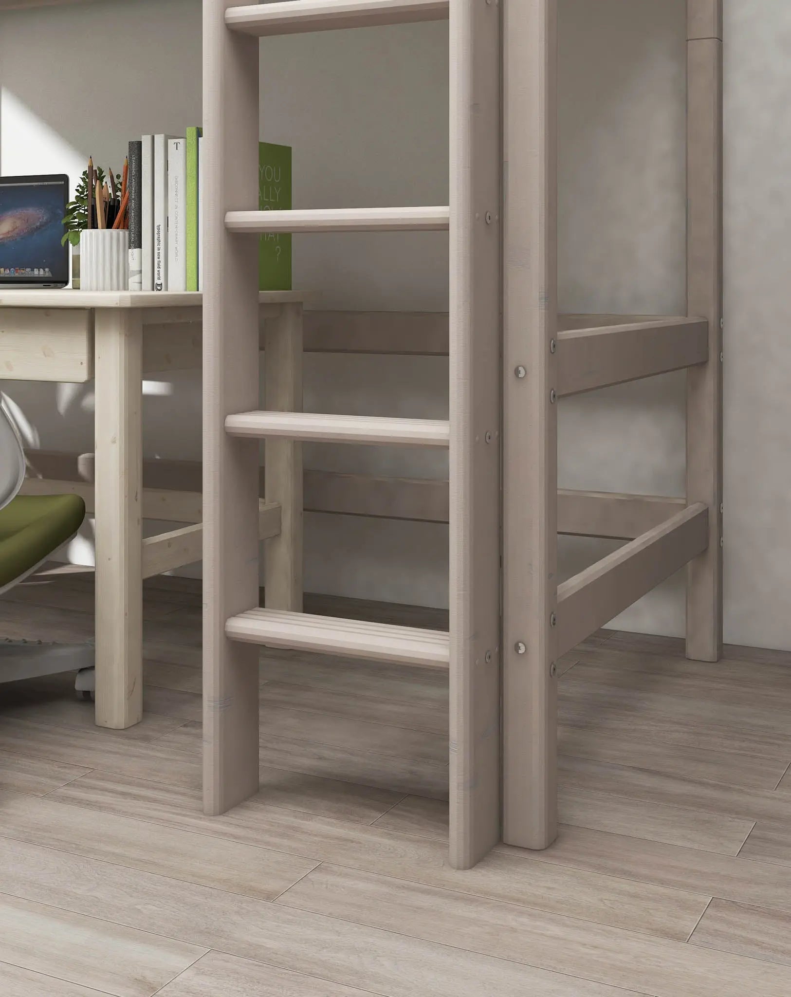 High Bed 184 cm with Safety Rail and Ladder, 90x200 cm, Grey FLEXA HIGHBED high-bed-with-straight-ladder-grey-washed-1   200 flexa-com.myshopify.com