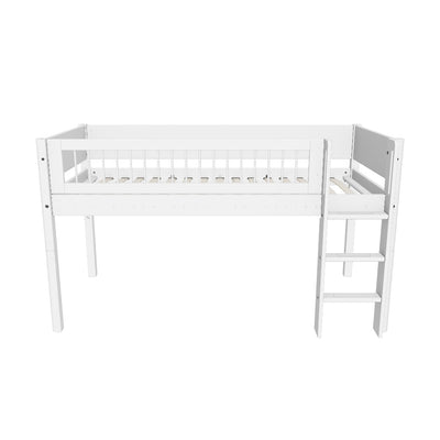 Mid-high Bed with Straight Ladder and Safety Rails, 90x200 cm, White