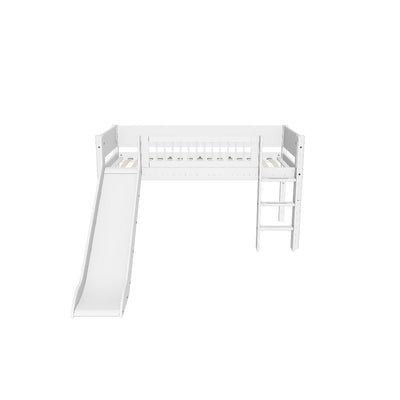 Mid-high Bed with Slide, Straight Ladder and Safety Rails, 90x200 cm, White