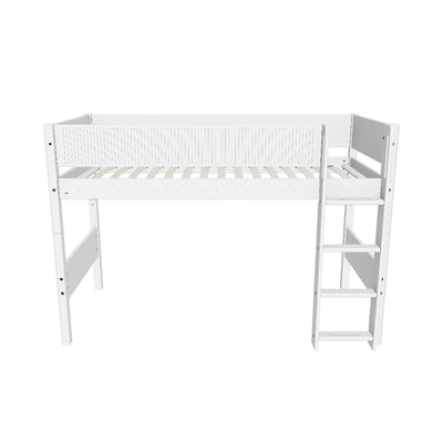 WHITE Semi-high Bed with Grooves, Straight ladder, 90x200 cm, White