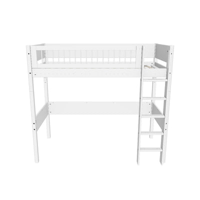 High Bed with Straight Ladder and Safety Rails, 90x200 cm, White