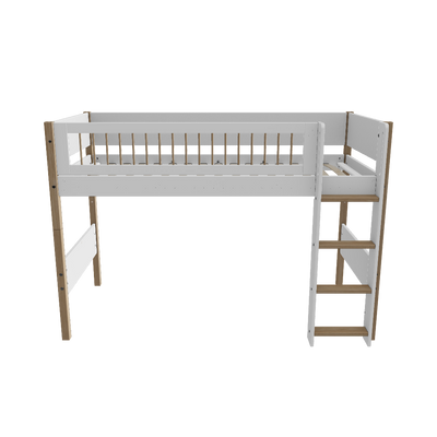 Semi-high Bed with Straight Ladder and Safety Rails, 90x200 cm, White/Oak