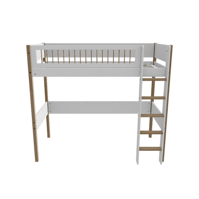 High Bed with Straight Ladder and Safety Rails, 90x200 cm, White/Oak