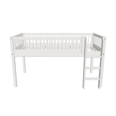 Mid-high Bed with Safety Rails and Straight Ladder, 90x200 cm, White