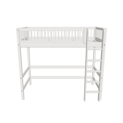 High Bed with Straight Ladder and Safety Rail, 90x200 cm, White