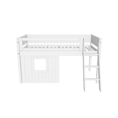 Mid-high Bed with Treehouse, Slanting Ladder and Safety Rails, 90x200, White