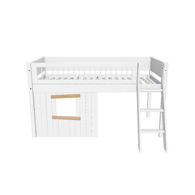 WHITE Mid-high Bed with Treehouse, Slanting Ladder, 90x200, White/Oak