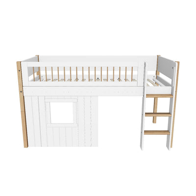 Mid-high Bed with Treehouse, Straight Ladder and Safety Rails, 90x200 cm, White/Oak