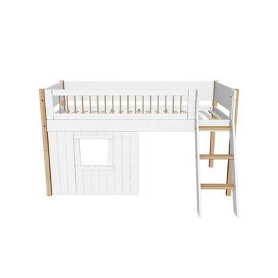 Mid-high Bed with Treehouse, Slanting ladder and Safety Rails, 90x200 cm, White/Oak