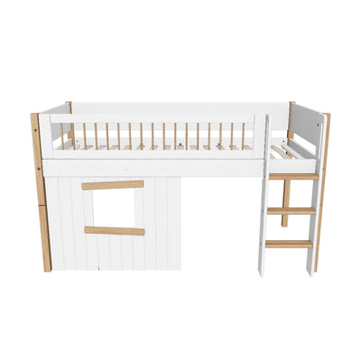 Mid-high Bed with Treehouse, Straight Ladder and Safety Rails, 90x200 cm, White/Oak