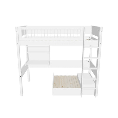 High Bed with Sofa, Desk, Straight Ladder and Safety Rails, 90x200 cm, White