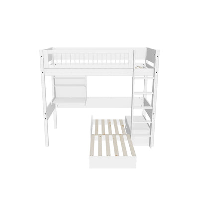 High Bed with Sofa, Desk, Straight Ladder and Safety Rails, 90x200 cm, White