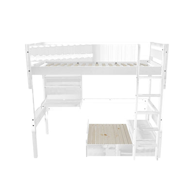 High Bed with Sofa, Desk, Straight Ladder and Safety Rails, 90x200 cm, White