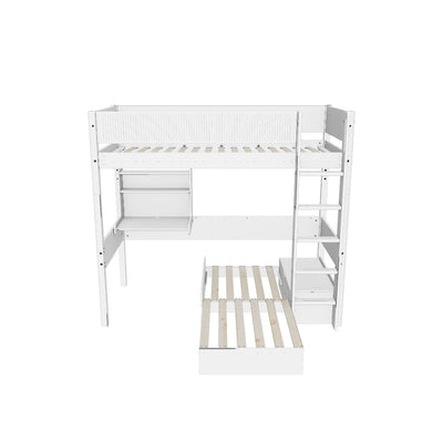 High Bed with Sofa, Desk, Straight Ladder and Safety Rails, 90x200 cm, White