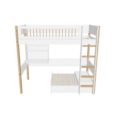 High Bed with Sofa, Desk, Straight Ladder and Safety Rails, 90x200 cm, White/Oak