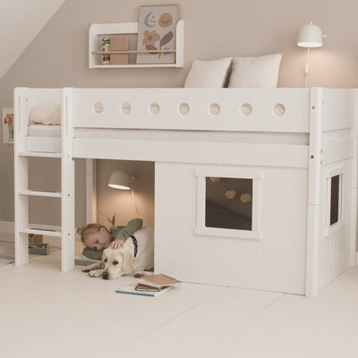 Mid-High Bed with Treehouse, Ladder and Safety Rail, 90x200 cm, White