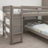 FLEXA semi-high bed from CLASSIC collection with straight ladder, striped bedding, light wood, in a bright child’s room.