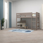 FLEXA semi-high white bed with straight ladder from CLASSIC in a child-safe, minimalist room with blue rug and play kitchen.