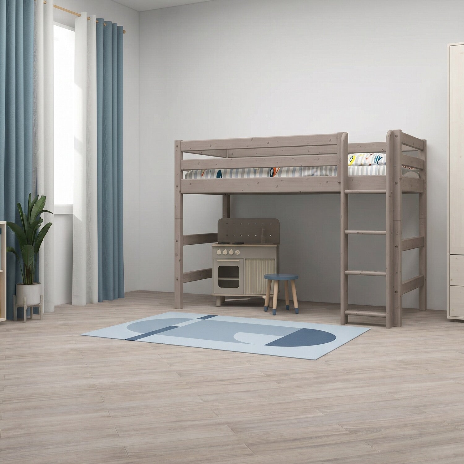 FLEXA semi-high white bed with straight ladder from CLASSIC in a child-safe, minimalist room with blue rug and play kitchen.