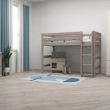 FLEXA semi-high white bed with straight ladder from CLASSIC in a child-safe, minimalist room with blue rug and play kitchen.