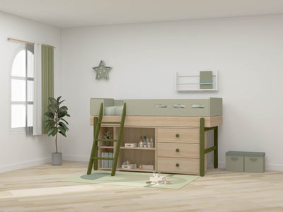 Mid-high bed w. slanting ladder and storage