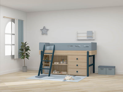 Mid-high bed w. slanting ladder and storage