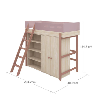 High bed w. slanting ladder and storage