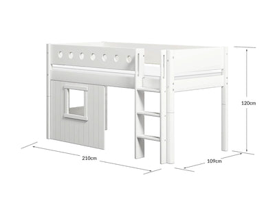Cama media-alta, escalera recta y frontales de cama para casa del árbol, marco blanco