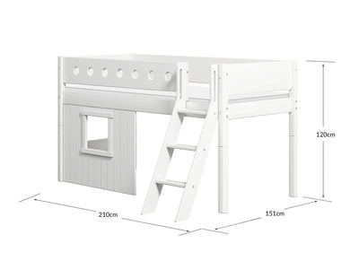 Lit mi-hauteur, échelle inclinée & façades Lit Cabane, cadre blanc.