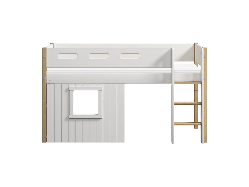 Halfhoogslaper, rechte ladder en boomhut bedfronten, wit frame.