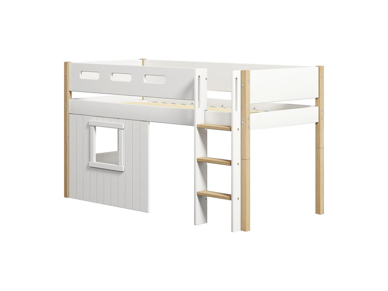 Cama media-alta, escalera recta y frontales de cama para casa del árbol, marco blanco