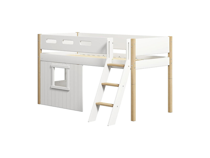 Mid-high bed, sl. ladder & Treehouse Bed Fronts, white frame